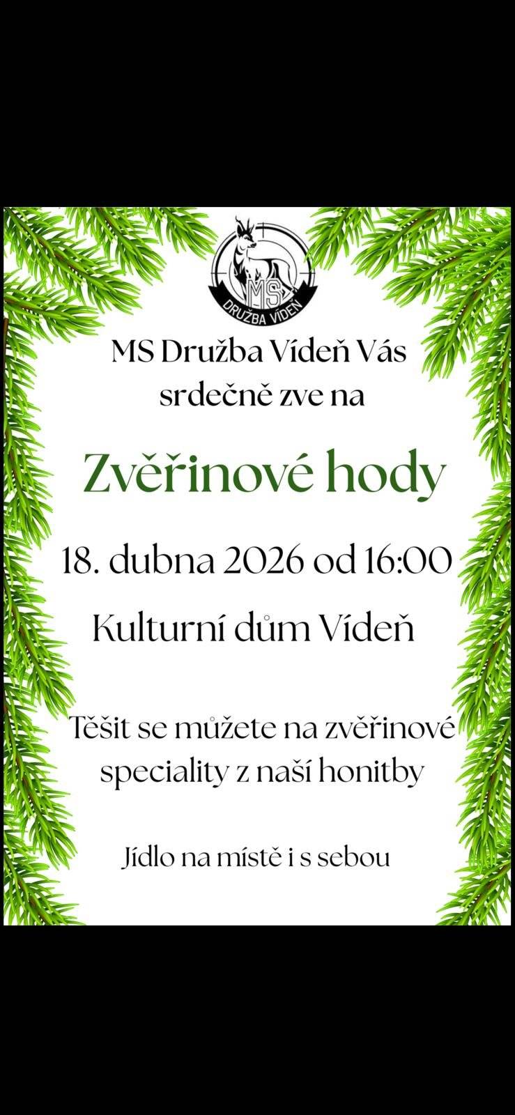 Pozvánka na zvěřinové speciality od MS Družba Vídeň. Menu si můžete prohlédnout níže.  v sobotu 18.4.2026 od 16:00 hod