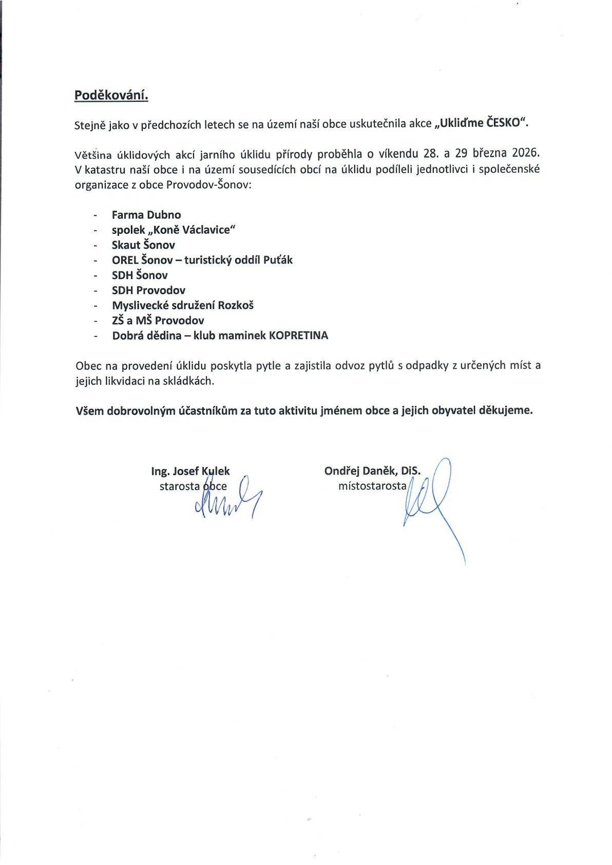 Vážení přátelé, přinášíme další dubnové aktuality: 👉 poděkování všem místním organizacím za spolupráci při uplynulé akci UKLIĎME ČESKO na území naší obce 👉 aktualizovaný přehled kultury v naší obci (divadelní představení souboru NODIVSE přesunuto na pozim 2026) 👉 pozvánku na místní akci Čarodějnice 👉 pozvánku na otevření zrekonstuovaného informačního centra s doprovodným programem v Novém Městě nad Metují 👉 pozvánku na inovativní veletrh NOVOEXPO na zámku Nové Město nad Metují 👉 pozvánku na chovatelskou výstavu do Týniště nad Orlicí 👉 informace od Finančního úřadu pro Královéhradecký kraj Přejeme krásné jarní dny🌷. #obecprovodovsonov #aktuality