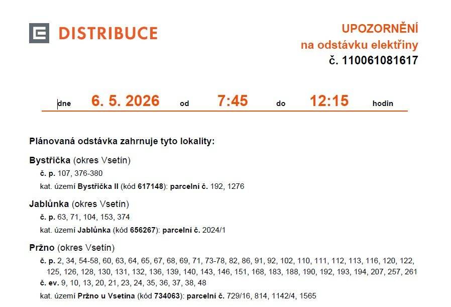 ČEZ Distribuce, a. s. Oznámení o plánovaném přerušení dodávky elektrické energie č. 110061081617 dne 6. 5. 2026 od 7:45 do 12:15: Bystřička č.p. 107, 376-380, parcelní.č. 192,1276.
