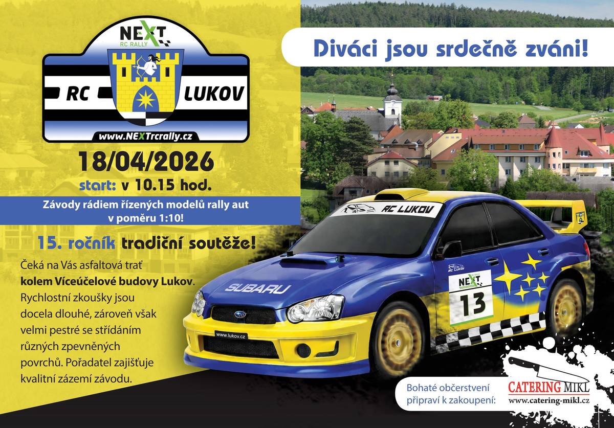 Už 18. dubna se Lukov promění v dějiště napínavých soubojů rádiem řízených rally modelů!    Čeká vás 15. ročník tradiční soutěže – rychlé průjezdy, technické úseky i skvělá atmosféra kolem Víceúčelové budovy Lukov…    Přijďte fandit, užít si akční podívanou a dát si něco dobrého na zub!    Časový harmonogram a aktuální počet přihlášených závodníků naleznete ZDE