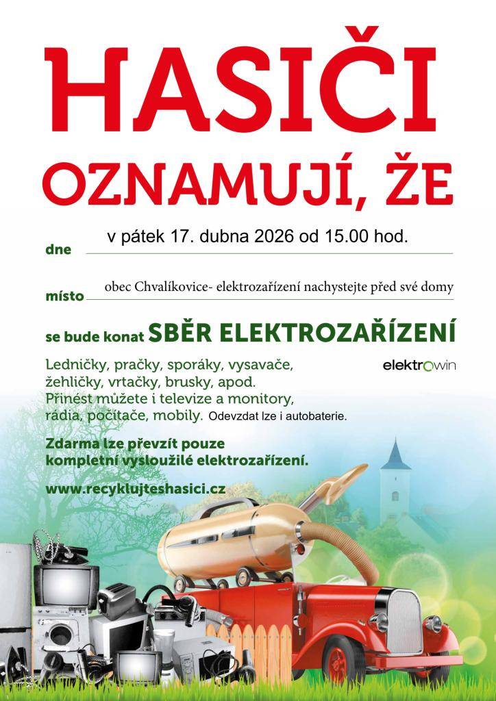 V pátek 17. dubna 2026 od 15:00 hod. proběhne v naší obci sběr elektrozařízení.  Elektrospotřebiče nachystejte před své domy.