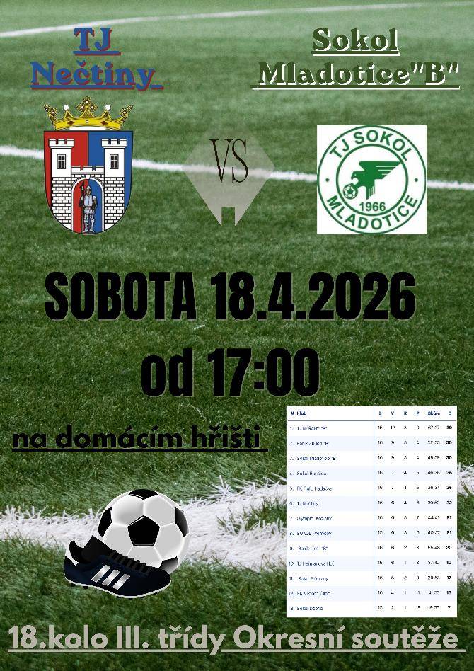 Srdečně zveme na 18.kolo III. třídy Okresní soutěže na domácím hřišti
