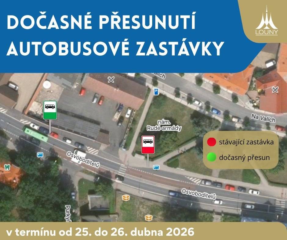V termínu od 25. dubna 2026 do 26. dubna 2026 bude zastávka autobusu „Louny, sokolovna“ u nám. Rudé armády (ve směru Žatec, Most…) přesunuta naproti zastávce v protějším směru.    Důvodem je změna vyznačení stávající autobusové zastávky z původní pro jeden autobus, nově pro dva autobusy a tím úplné zrušení podélného parkování mezi křižovatkou s místní komunikací v Táboritské ulici a touto autobusovou zastávkou.
