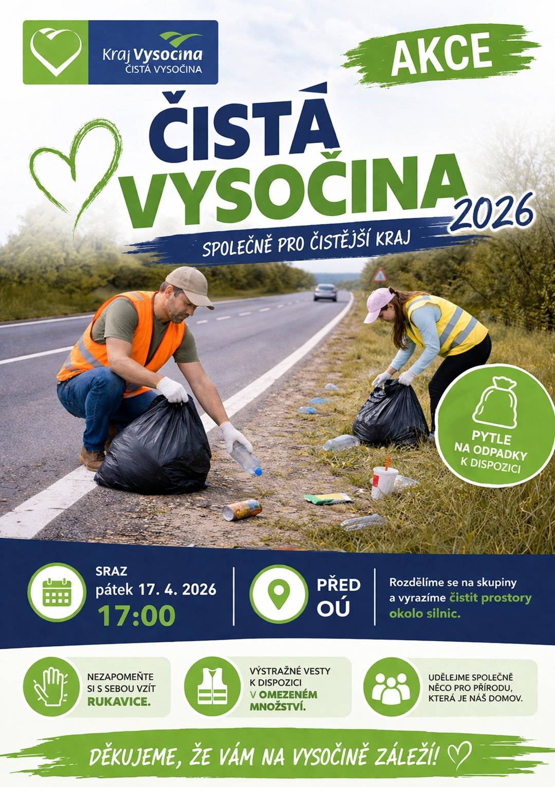 Zapojte se do úklidu kolem naší obce. V pátek 17. 4. 2026 od 17:00. Sraz před obecním úřadem. Nezapomeňte si vzít ochranné rukavice a výstražnou vestu.