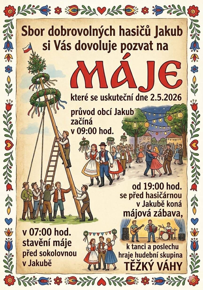 SDH Jakub si Vás dovoluje pozvat na Máje, které se uskuteční 2. 5. 2026. Stavění Máje bude v 7 hodin před sokolovnou v Jakubě. Průvod částí obce Jakub začíná v 9 hodin. Od 19 hodin před hasičárnou v Jakubě se koná Májová zábava. K poslechu a tanci hraje skupina Těžký Váhy.
