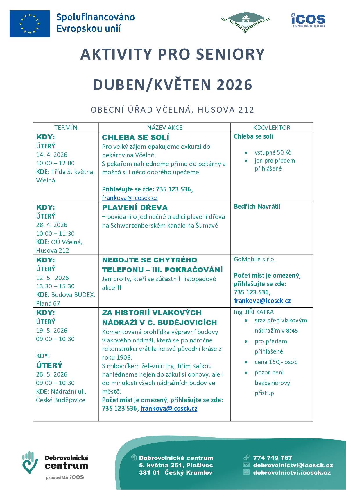 Milí spolubočané, omlouváme se za tiskovou chybu ve zpravodaji u aktivit pro seniory. Plánované prohlídky vlakového nádraží se uskuteční 19. 5. (nikoliv v neděli 19.4.) a 26. 5. 2026.  Na tuto akci je nutné si předem rezervovat místo u paní Frankové - telefonicky na čísle 735 123 536 nebo přes e-mail: frankova@icosck.cz Děkujeme a těšíme se na vás.
