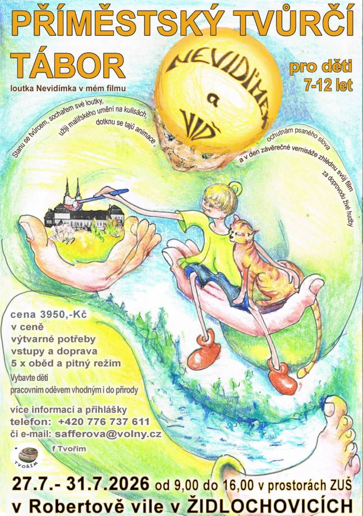 Tábor je pro děti ve věku 7 - 12 let a bude se konat ve dnech 27. - 31. července 2026 v prostorách ZUŠ v Robertově vile v Židlochovicích. Volejte či pište: 776 737 611 nebo se obraťte na e-mail: safferova@volny.cz."