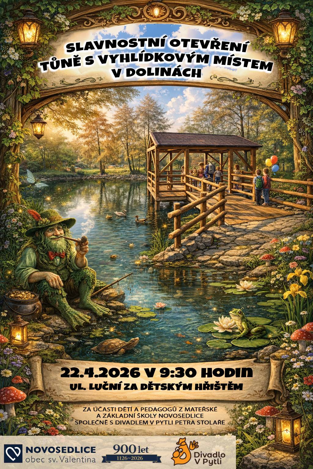 Obec Novosedlice Vás srdečně zve na slavnostní otevření revitalizované tůně s vyhlídkovým místem v Dolinách. 📅 Kdy: 22. 4. 2026 od 9:30 hodin 📍 Kde: ul. Luční (za dětským hřištěm) Součástí programu bude účast dětí a pedagogů z mateřské a základní školy Novosedlice a takédoprovodné aktivity Divadla V Pytli Petra Stolaře. Přijďte s námi společně oslavit vznik nového přírodního a odpočinkového místa 🌿 Těšíme se na Vás!