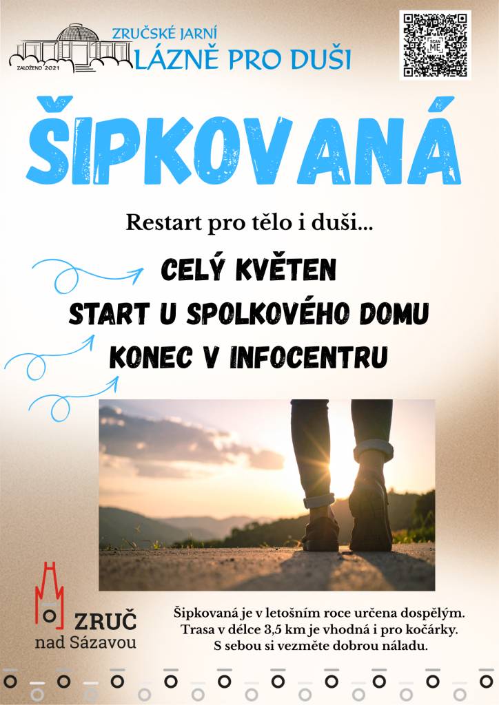 OKŠS vás v rámci akce Zručské jarní lázně pro duši zve na Šipkovanou, která začíná u Spolkového domu. Pohodovou procházku zakončíte v infocentru. Šipkovaná je v letošním roce určena dospělým a projít ji můžete v květnu. Trasa v délce 3,5 km je vhodná i pro kočárky. S sebou si vezměte dobrou náladu.