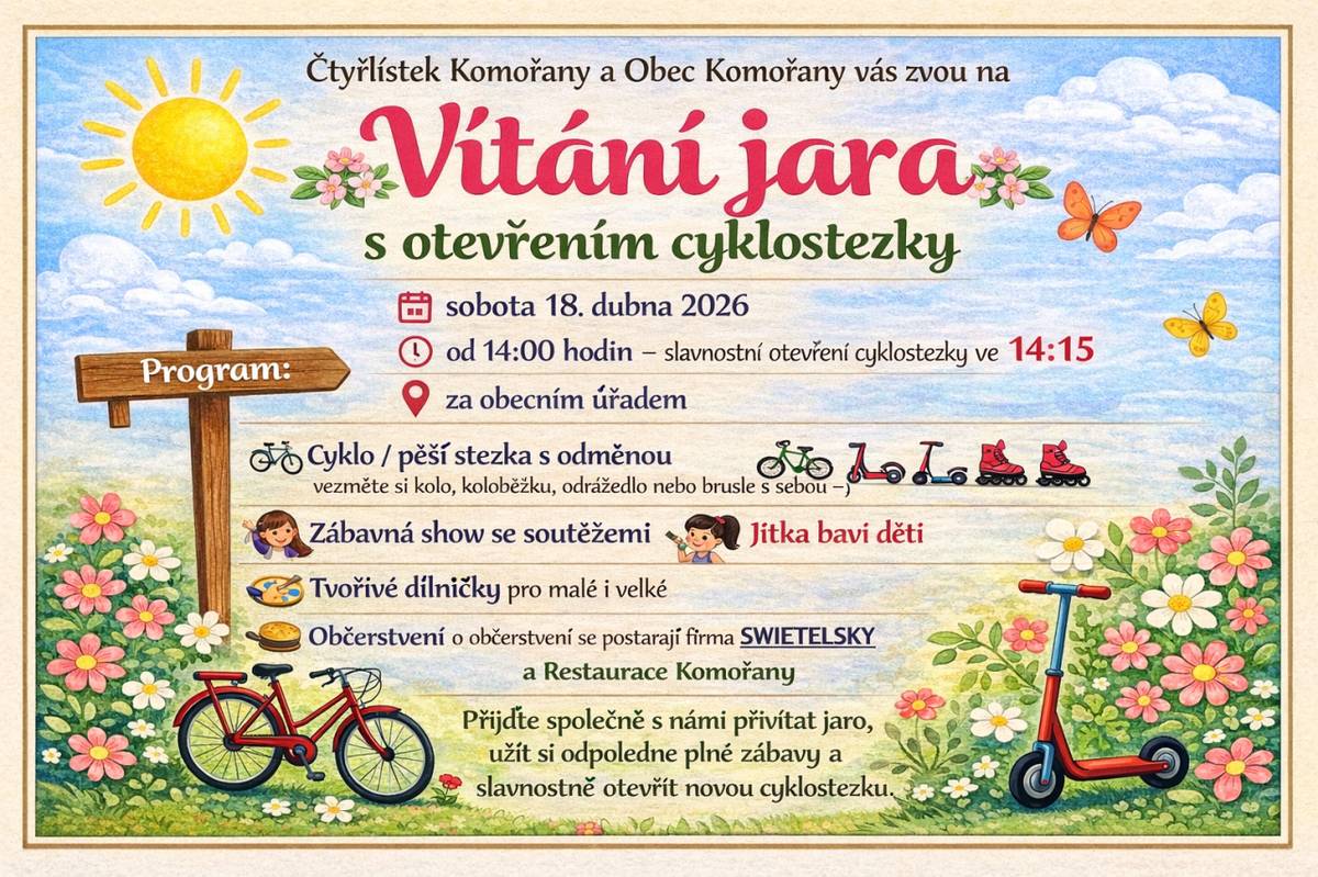 Tradiční akce Vítání jara, při které proběhne slavnostní otevření cyklostezky, se koná v sobotu 18. dubna 2026 od 14:00 hodin za obecním úřadem. Akce slibuje zábavné soutěže, tvořivé dílničky a občerstvení.