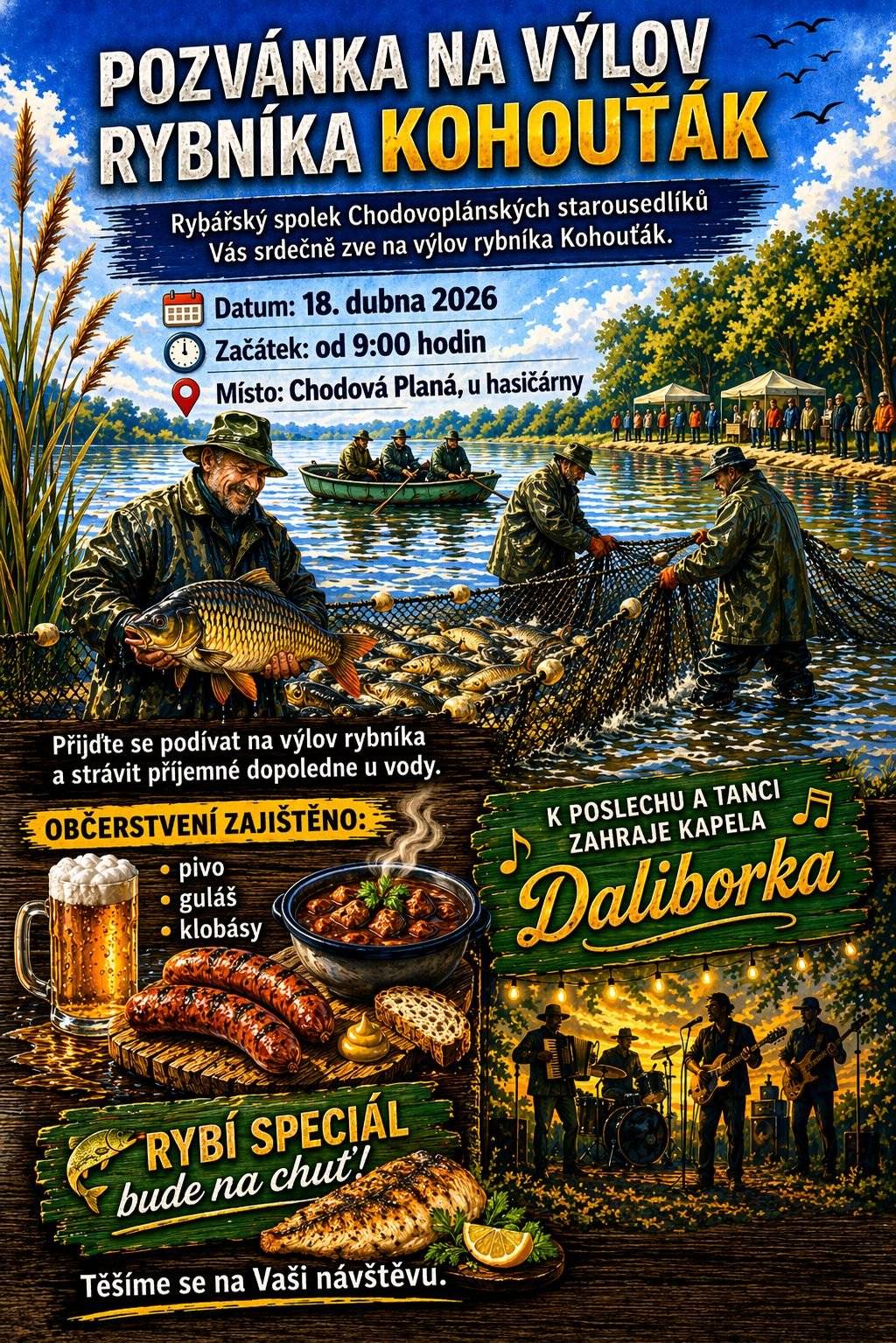 Přijďte se podívat na tradiční výlov rybníka a strávit příjemné dopoledne u vody. Těšit se můžete na bohaté občerstvení – pivo, guláš, klobásy i rybí speciality. K poslechu a tanci zahraje kapela Daliborka.  📅 Kdy: sobota 18. dubna 2026 od 9:00 hodin 📍 Kde: Chodová Planá, u hasičárny Těšíme se na Vaši návštěvu.
