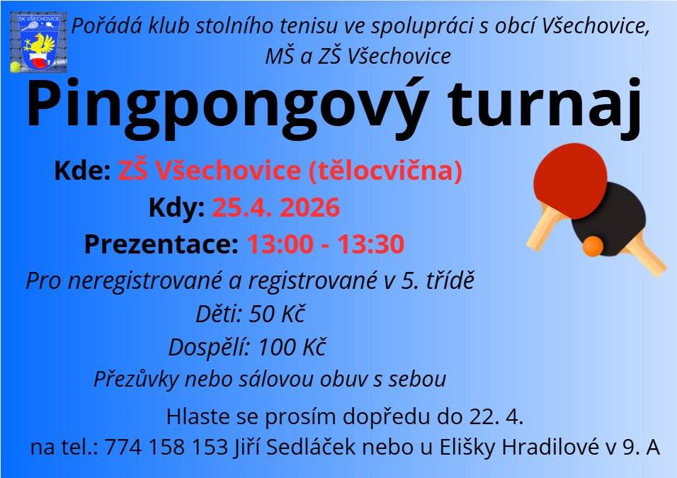 🏓 Pingpongový turnaj ve Všechovicích! 🏓 Přijďte si zasportovat a užít si skvělou atmosféru při stolním tenise 💪 📍 Kde: ZŠ Všechovice (tělocvična) 📅 Kdy: 25. 4. 2026 🕐 Prezentace: 13:00–13:30 Turnaj je určen pro neregistrované hráče i hráče registrované do 5. třídy. 💰 Startovné: 👦 Děti: 50 Kč 🧑 Dospělí: 100 Kč 👟 Nezapomeňte si přezůvky nebo sálovou obuv! 📞 Přihlášky předem do 22. 4.: tel. 774 158 153 (Jiří Sedláček) nebo u Elišky Hradilové (9. A) Těšíme se na vás! 🙌