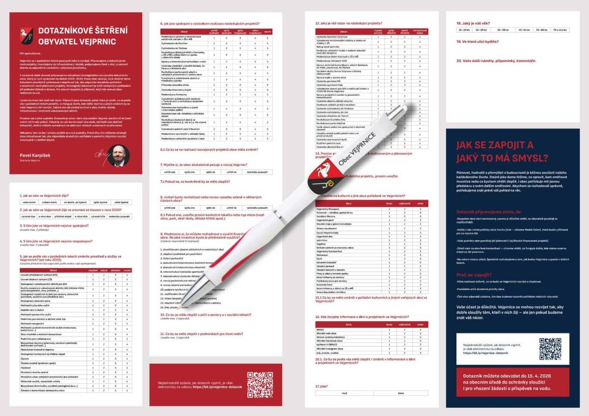 Děkujeme všem občanům, kteří si našli čas a zapojili se. Velmi si vážíme vašich názorů, podnětů i zkušeností, o které jste se s námi podělili. Vaše odpovědi nyní zpracováváme a s jejich výsledky vás seznámíme prostřednictvím obecního zpravodaje Náves a webových stránek obce.