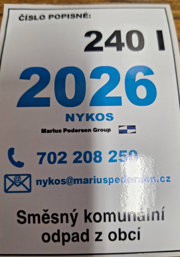 Upozorňujeme občany, že splatnost MP za odpady je do 30.4.  4. května musí být všechny nádoby svozu SKO označeny platnou známkou pro rok 2026. Od 24.4. do 4.5. je pokladna obce z důvodu nemoci/ čerpání dovolené uzavřena. Opatřete si tedy známku s předstihem.