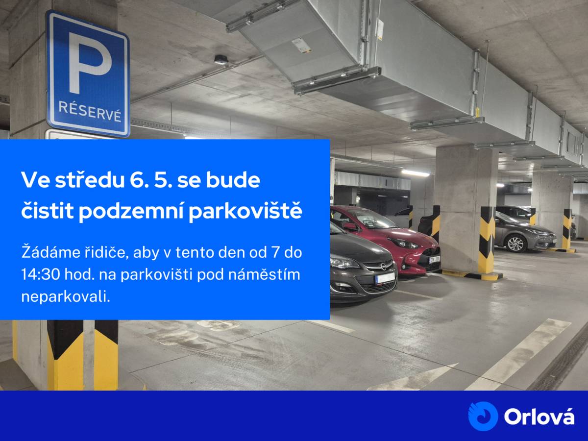 Upozorňujeme řidiče, že dne 6. května bude probíhat strojové čištění parkovací plochy v podzemním parkovišti pod náměstím 28. října v Orlové-Lutyni.  Čistit se bude od 7 do 14:30 hodin. Žádáme řidiče, aby v uvedeném čase neparkovali svá auta v podzemním parkovišti. Děkujeme za pochopení a spolupráci....
