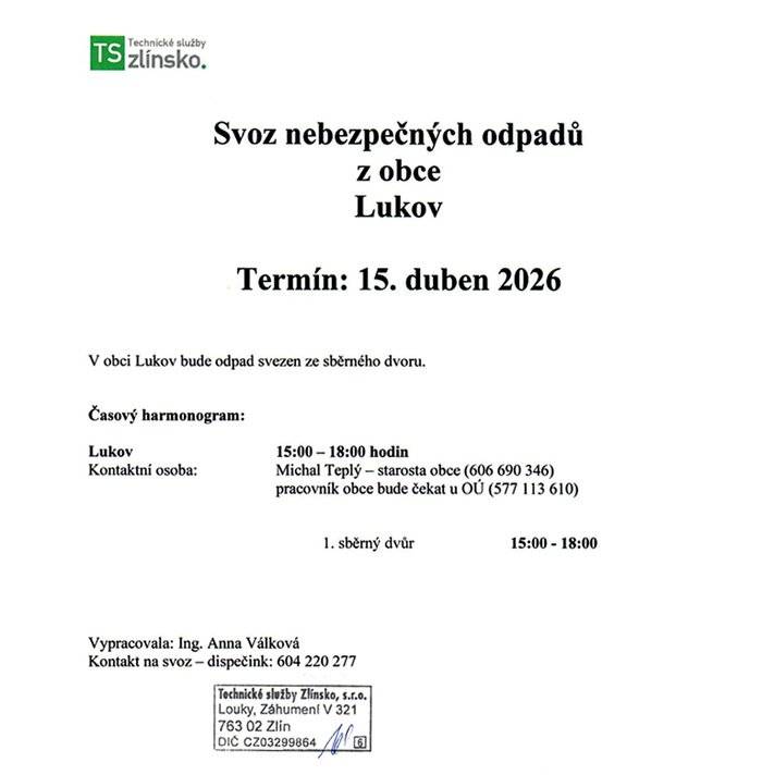 15. 4. od 15.00 do 18.00 hod., sběrný dvůr