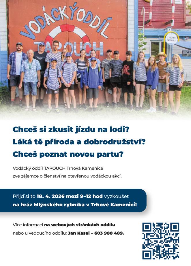 Vodácký oddíl TAPOUCH Trhová Kamenice zve všechny, kteří mají zájem o vodáctví a dobrodružství, na otevřenou akci. Přijďte si vyzkoušet jízdu na lodi 18. dubna 2026 mezi 9. a 12. hodinou na hráz Mlýnského rybníka v Trhové Kamenici. Tato akce je ideální příležitostí pro setkání s novými lidmi a pozná