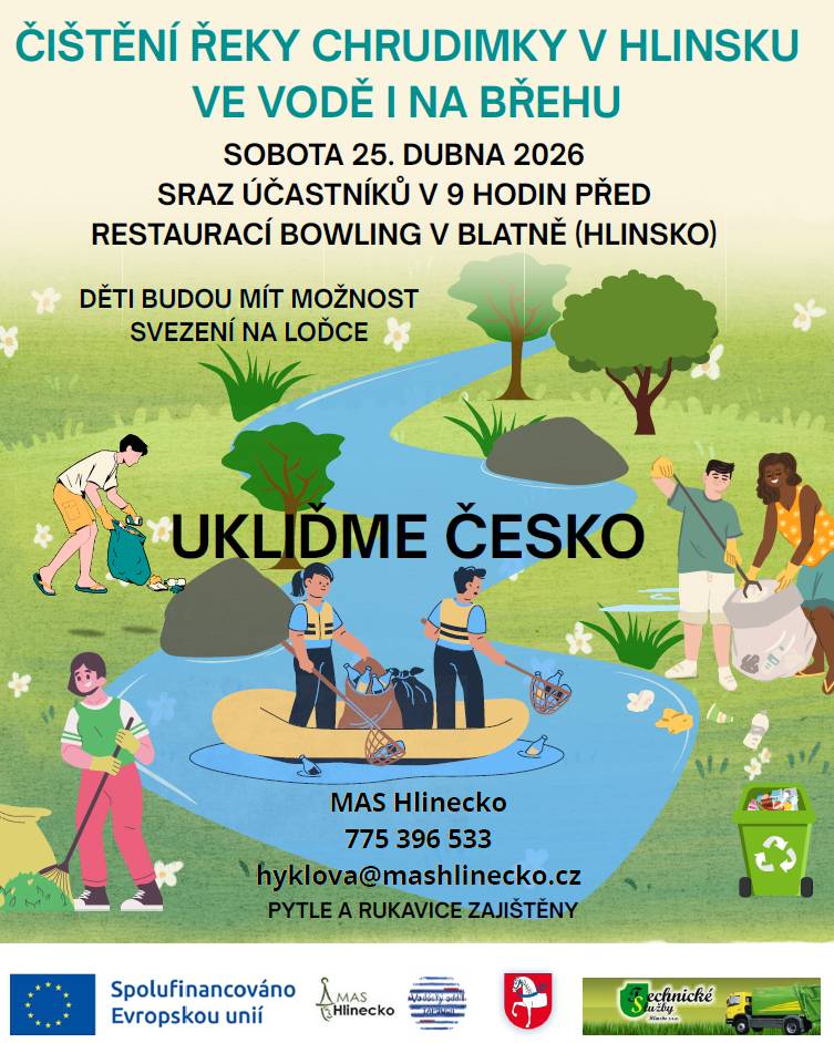 Město Hlinsko pořádá úklid řeky Chrudimky v sobotu 25. dubna 2026. Sraz účastníků proběhne v 9 hodin před restaurací Bowling v Blatně. Akce je určena pro širokou veřejnost, mladí lidé budou mít možnost svezení na lodičkách. Přijďte se zapojit a přispět k ochraně našeho životního prostředí.