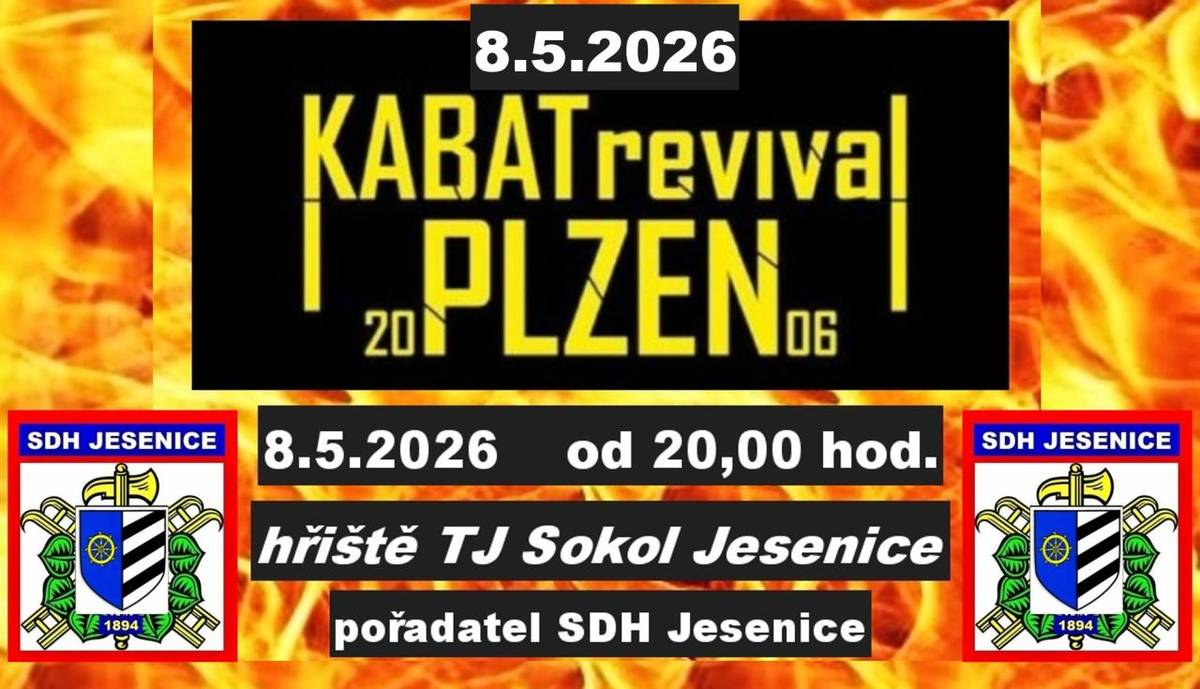 Sbor dobrovolných hasičů Jesenice zve všechny na taneční zábavu, která se uskuteční v areálu TJ Sokol. K tanci a poslechu zahraje oblíbená kapela Kabát z Plzně. Přijďte si užít příjemný večer plný zábavy a hudby s přáteli. Těšíme se na vaši účast a skvělou atmosféru.  Datum: 8.5.2026 Čas: 20,00 hod.