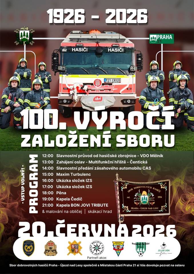 Přijďte s námi oslavit významné výročí – 100 let od založení újezdských hasičů! Zapište si do diářů: 20. června 2026 Začínáme ve 12:00 hodin u hasičské zbrojnice Následně se celý program přesune na multifunkční sportoviště, kde vás čeká bohatý doprovodný program pro malé i velké – je opravdu na co se těšit! Nebude chybět legendární pěna, skákací hrad a malování na obličej. Hudební program: Maxim Turbulenc, kapela Čedič a Bon Jovi Tribute Akce se koná ve spolupráci s MČ. Těšíme se na vás!