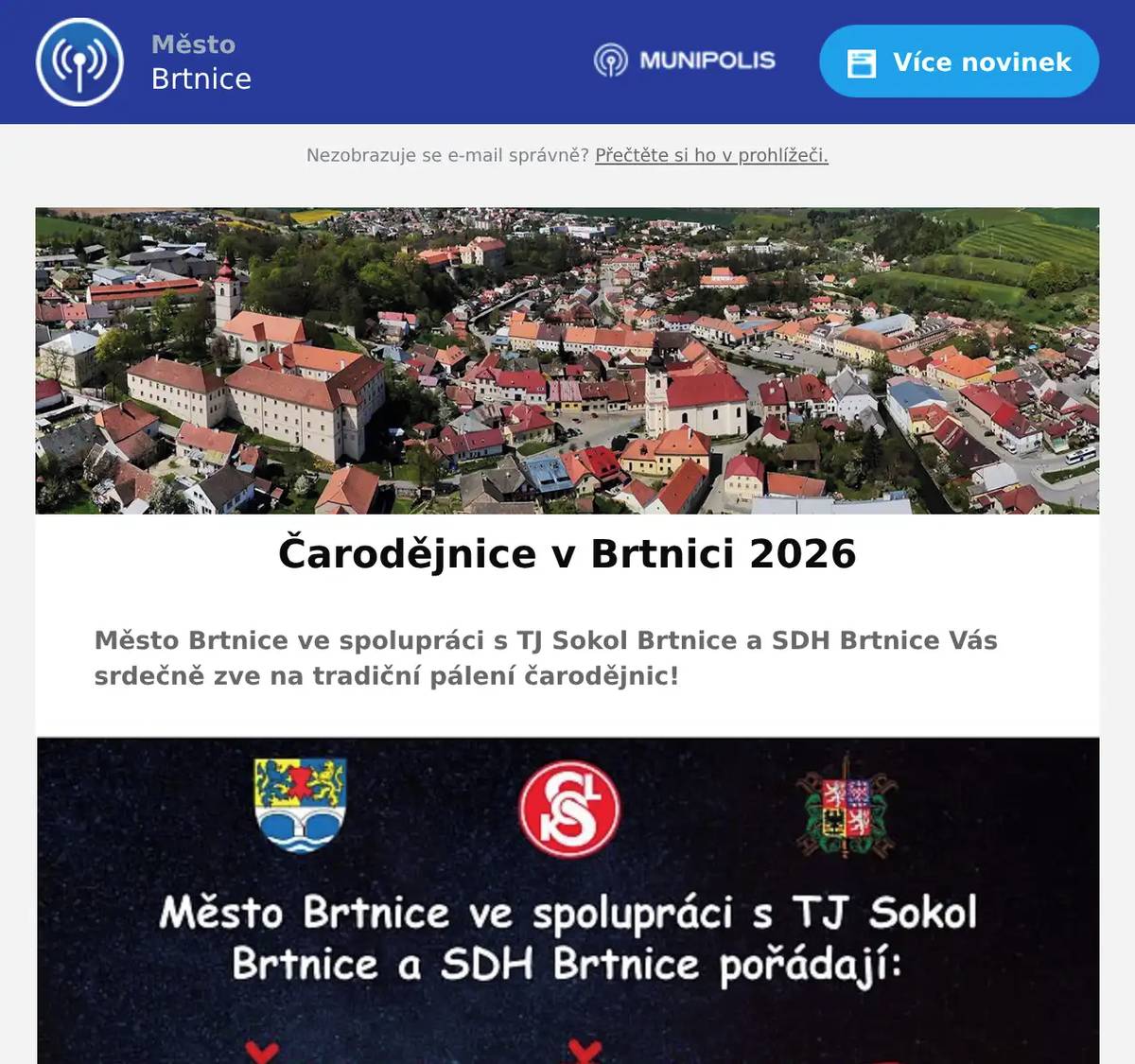 Město Brtnice ve spolupráci s TJ Sokol Brtnice a SDH Brtnice Vás srdečně zve na tradiční pálení čarodějnic!