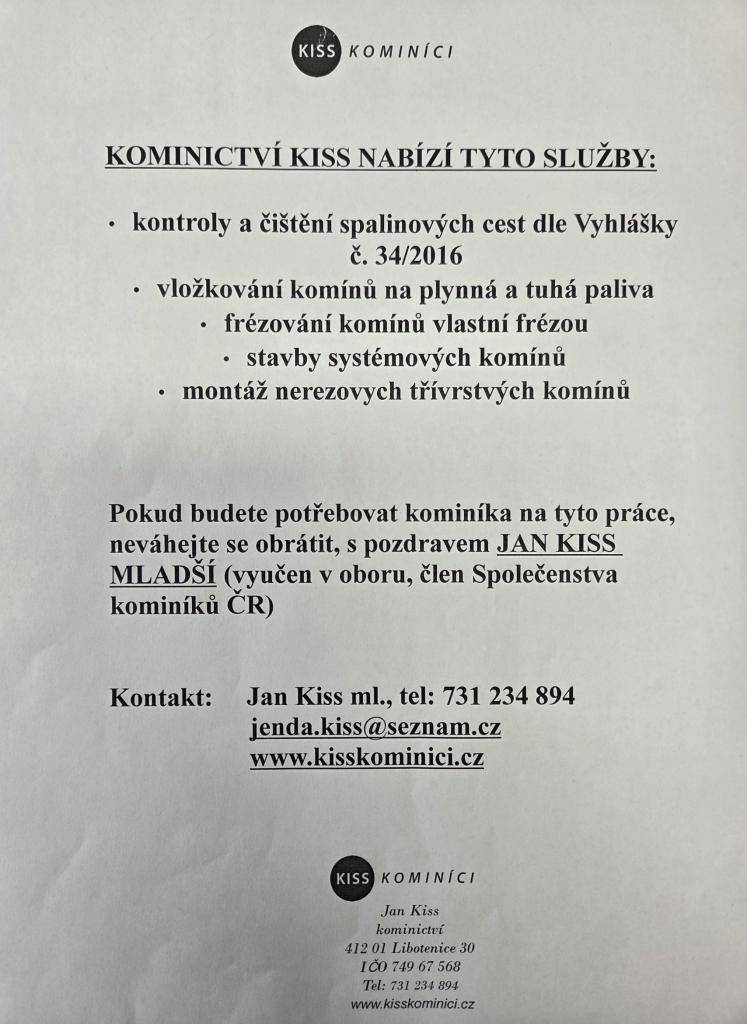Kominictví KISS nabízí své služby, viz. leták.