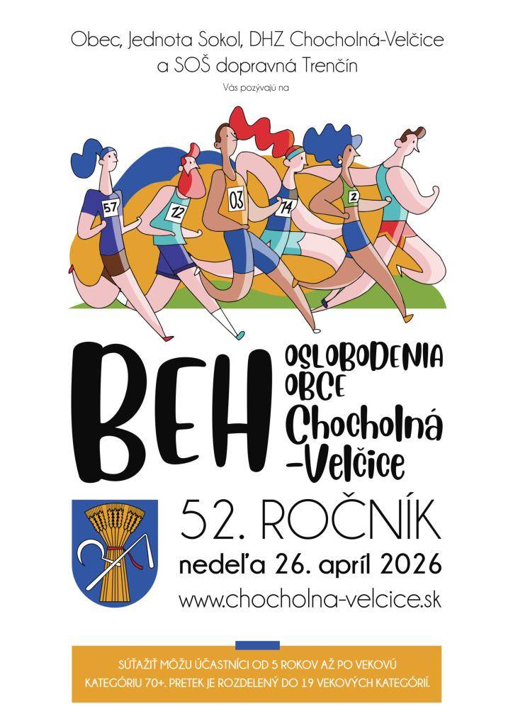 Obec Chocholná-Velčice pozýva na Beh oslobodenia obce Chocholná-Velčice v nedeľu 26. apríla 2026.   Prezentácia účastníkov je od 8:35 pred budovou hasičskej zbrojnice, podľa kategórií 50 minút pred jednotlivými časmi štartu. Štartovať sa bude od 9.35 pred materskou školou.