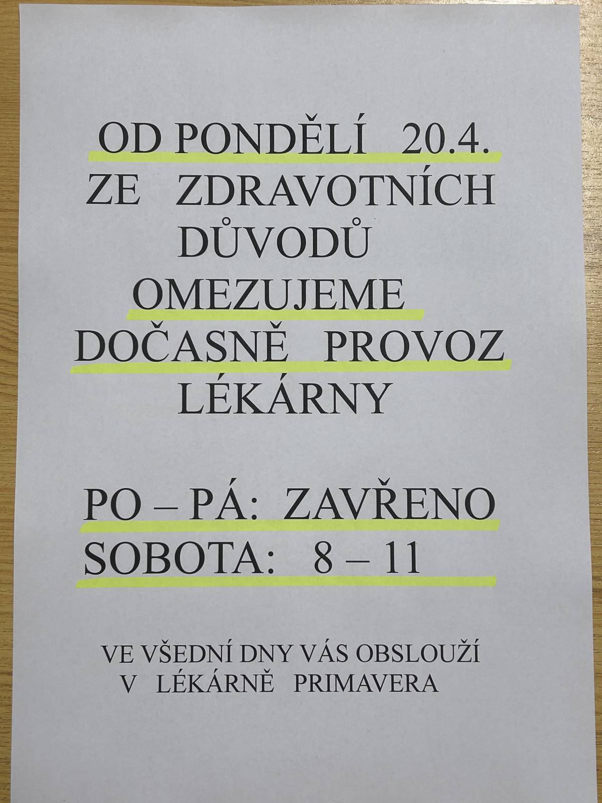 Dočasné omezení provozu lékárna U Anděla