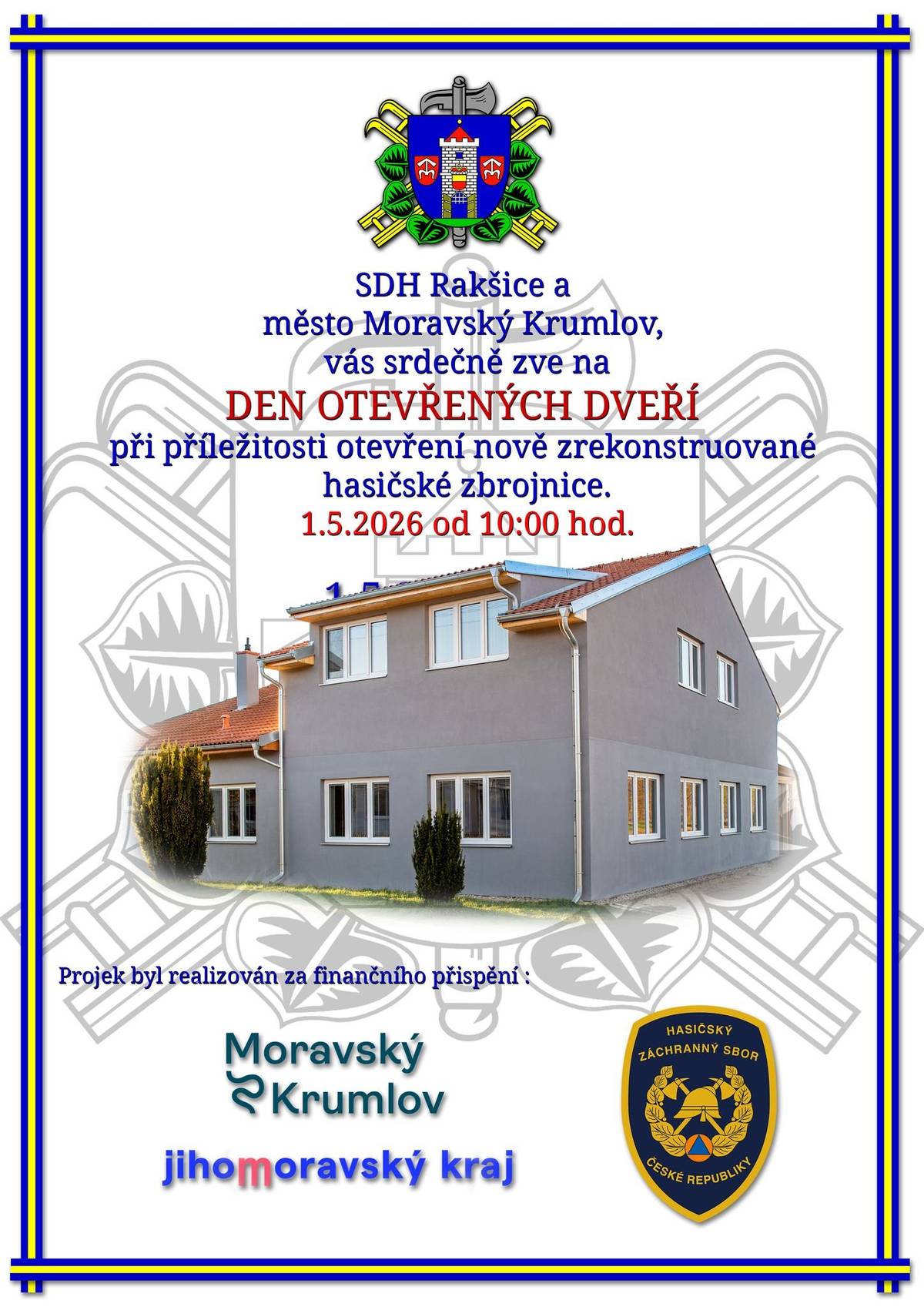 SDH Rakšice a město Moravský Krumlov vás zvou na Den otevřených dveří u příležitosti otevření nově zrekonstruované hasičské zbrojnice. 📅 1. 5. 2026 🕙 od 10.00 hod. 📍 hasičská zbrojnice Rakšice A tím program nekončí. Ve stejný den zve SDH Rakšice také na 7. ročník recesistických oslav Svátku práce. Těšit se můžete na alegorické vozy, zemědělskou techniku i průvod s mávátky. 🚜 Sraz alegorických vozů a zemědělské techniky 🕧 ve 12.30 hod. 📍 Agrodružstvo Rakšice 🎉 Průvod vyjde na trasu od 13.00 hod. Rakšice – Durdice – náměstí T. G. Masaryka – sídliště – hasičská zbrojnice v Rakšicích Po průvodu bude připravené občerstvení v hasičské zbrojnici.