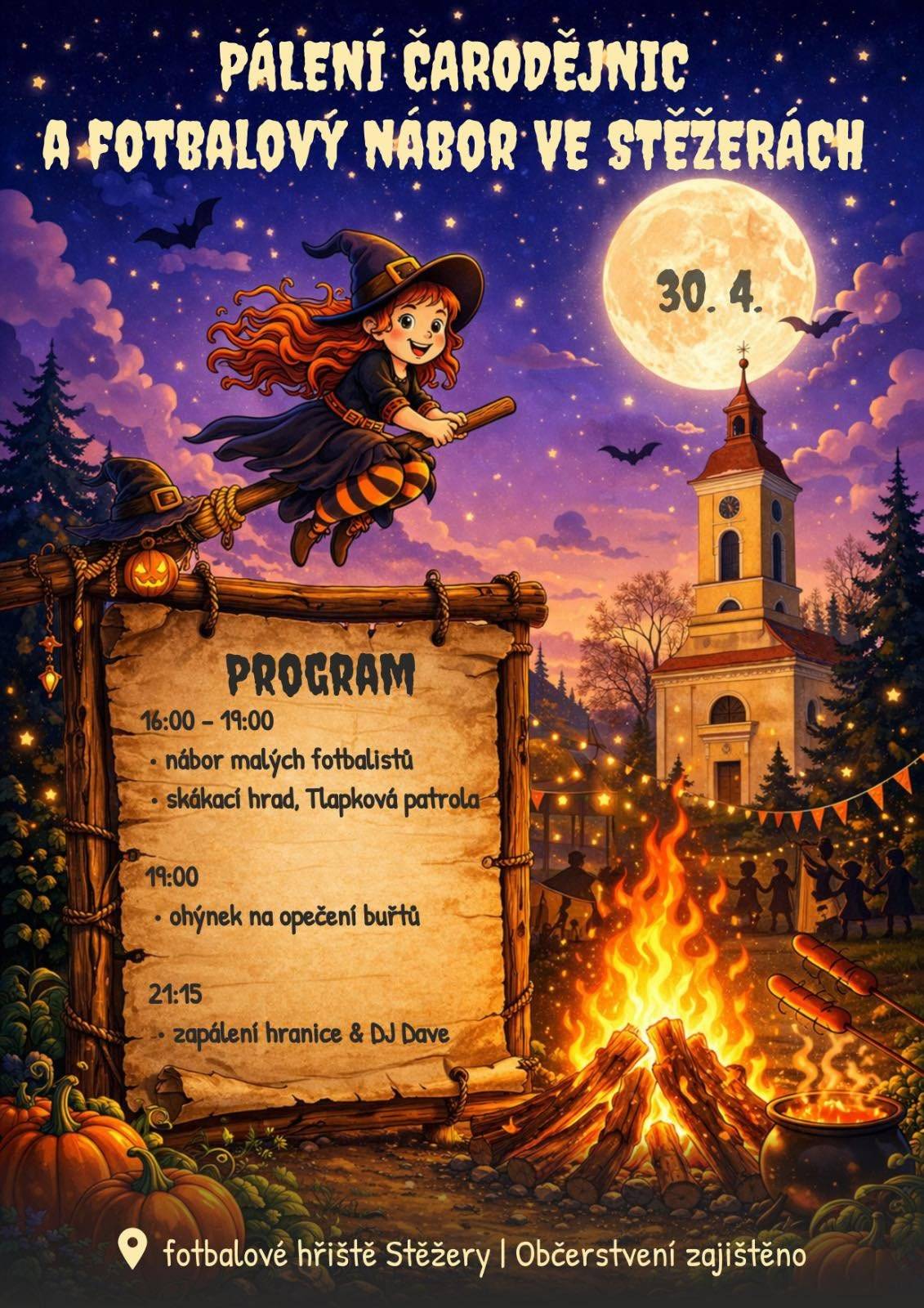 🔥 PÁLENÍ ČARODĚJNIC 🔥 Zveme vás všechny na tradiční pálení čarodějnic, které proběhne ve čtvrtek 30. 4. 2026 na různých místech v naší obci. Přijďte si užít kouzelný večer plný zábavy, ohně a dobré nálady! 🧙♀️✨ S přáním pěkného dne Obec Stěžery