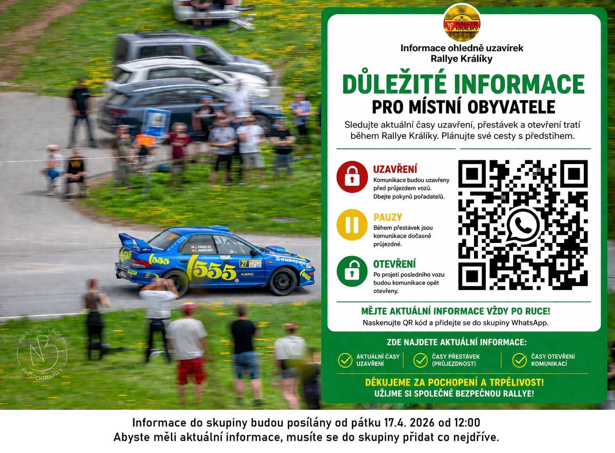 Vážení občané a návštěvníci, rádi bychom vás informovali o změně v plánované trase závodu Rallye Králíky, který se uskuteční ve dnech 17.–18. dubna 2026. ❗ Důležitá změna: Původně plánovaný úsek (Raškov) - Moravský Karlov - Posádka je zrušen. Na základě této úpravy byl aktualizován časový harmonogram závodu. Závodní auta nebudou tomto úsekem ani projíždět.  Informace pro diváky: Pro sledování závodu můžete využít rychlostní zkoušku na Horní Orlici (trasa Horní Hedeč - Horní Orlice - Zlatý potok) v časech níže uvedených uzavírek. Prosíme všechny návštěvníky, aby respektovali pokyny pořadatelů a dbali na vlastní bezpečnost. Máte možnost se také zúčastnit slavnostního startu na náměstí v Králíkách dnes v 16.30 hod.  nebo návštěvu zázemí závodu v patek i sobotu a vyhlášení výsledků ve Skiparku na Mlýnickém Dvoře v sobotu večer.  Dopravní omezení: V sobotu 18. 4. 2026 bude uzavřena trasa na Horní Orlici v době od 8.40 - 11.20 a 12.05 - 14.35 hod.  Pro letošní rok se organizátor zavázal co nejlépe dodržet časy uzavírek (a otevření ) tratě. Aktualní vývoj uzavírek můžete sledovat ve WhatsAppové skupině: https://chat.whatsapp.com/K7esr9W1TnbCpCV7aoIrTA... Zdroj: Facebook obce Č. Voda