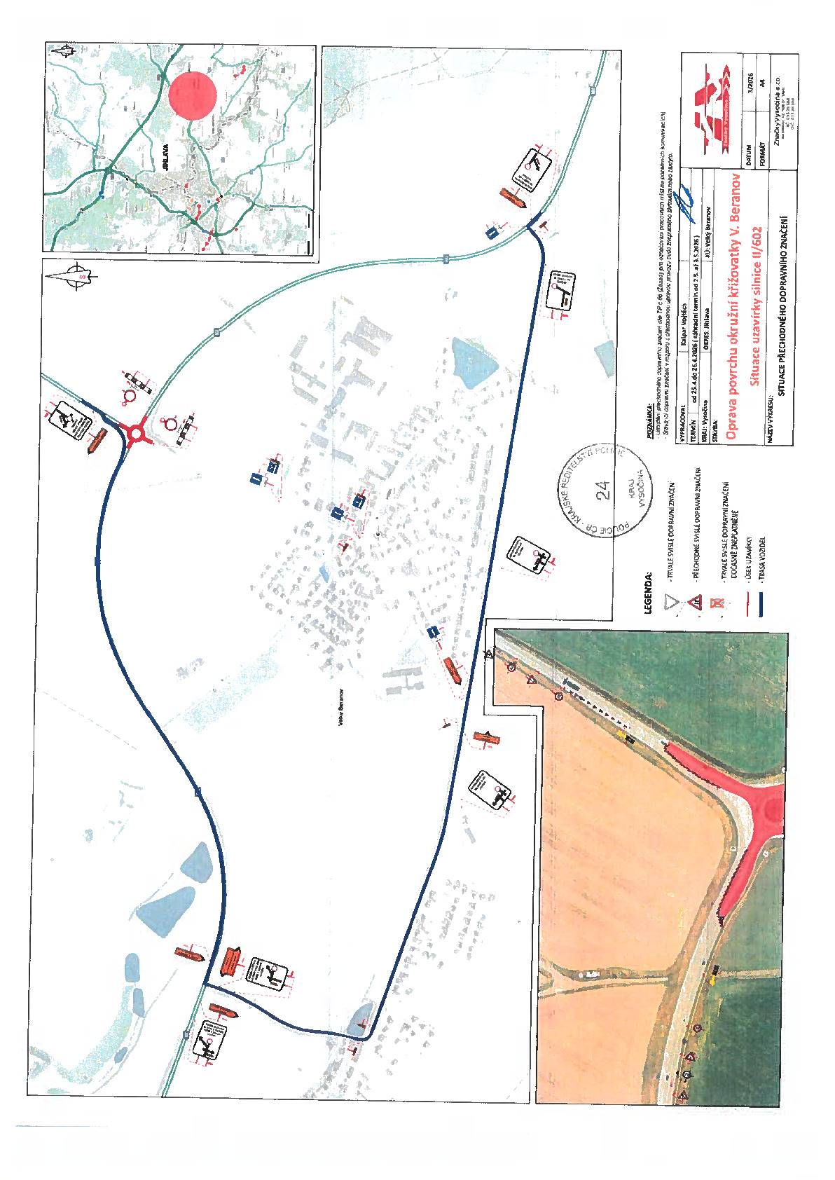 Z důvodu opravy povrchu silnice - okružní křižovatky sil. II/602 x II/353 x MK bude ve dnech 25.4.-26.4.2026 nařízena objížďka pro veškerá vozidla.