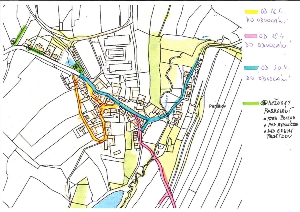 Vážení spoluobčané, z důvodu probíhajících stavebních prací na splaškové kanalizaci v Peršíkově dojde k úplnému uzavření komunikací. Nebude možný průjezd dopravními prostředky, parkování bude umožněno před školou, u rybníčku a nad Peršíkovem (vyznačeno na mapce). Na stavbě se pohybuje těžká technika, dbejte zvýšené opatrnosti. Předpokládaný termín dokončení stavebních prací včetně asfaltování je plánován na 8. 5. 2026.