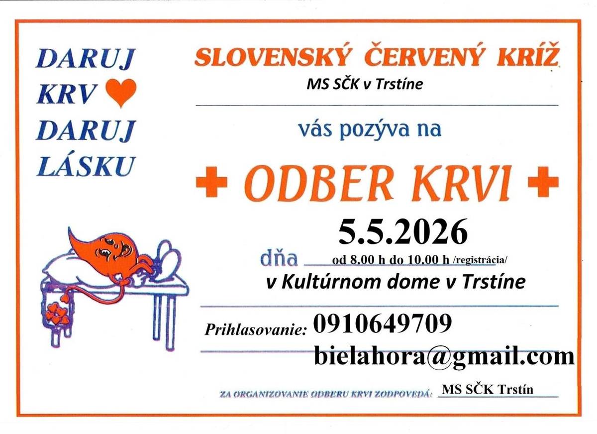 MS SČK v Trstíne Vás pozýva na odber krvi dňa 5.5.2026 v KD v Trstíne