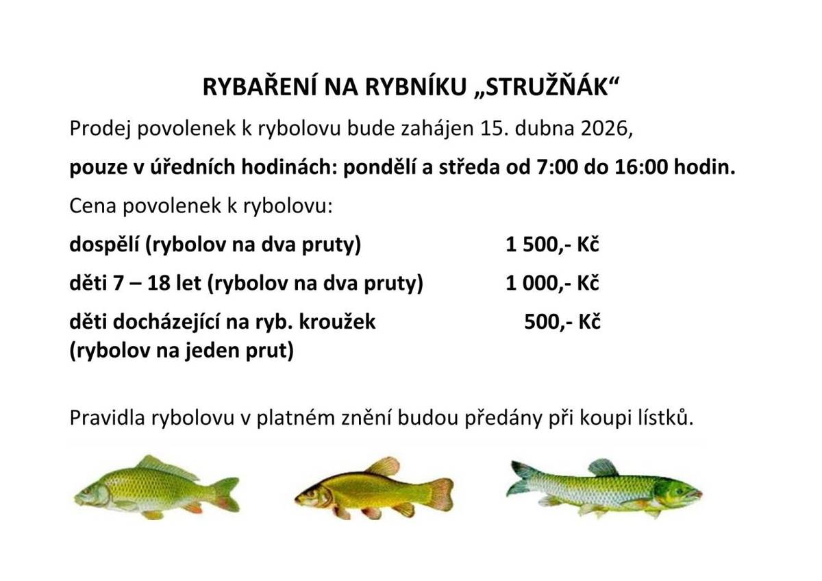 Prodej rybářských povolenek na rybník "Stružňák"