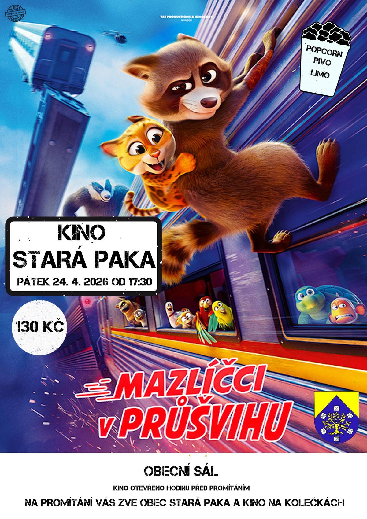 Zveme Vás do kina v Obecním sále - v pátek 24.4. od 17:30 (Mazlíčci na útěku, 130 Kč) a od 20:00 (Když se zhasne, 150 Kč). Občerstvení zajištěno.