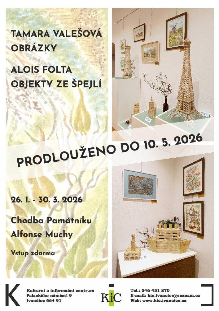 Krásný den, naši milí příznivci kultury,dovolujeme si poslat pozvání na výstavu "Bible včera, dnes a zítra", která je do 1. 5. 2026 nainstalována v naší galerii. Výstava Tamary Valešové a Aloise Folty byla prodloužena do 10. 5. 2026.První květnovou sobotu se budou konat další farmářské trhy. 22. - 24. 5. proběhnou už 32. Slavnosti chřestu a vína - program posíláme v příloze.