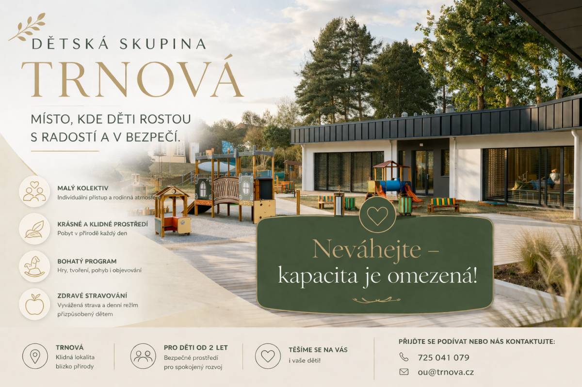 Obec Trnová nabízí volná místa v nově zřízené dětské skupině, podrobnosti najdete v přiloženém informačním letáku.