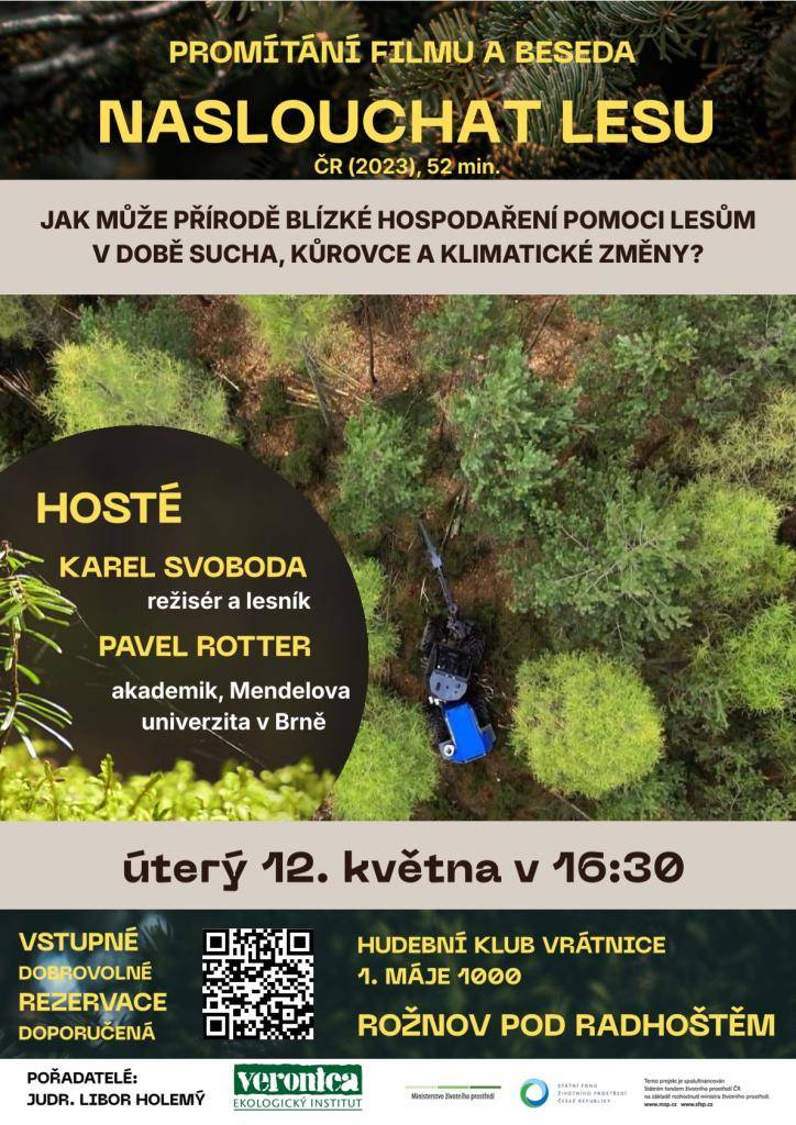 Kdy: úterý 12. května 2026, 16:30 – 18:30  Kde: Hudební klub Vrátnice, 1. máje 1000, Rožnov pod Radhoštěm  Odkaz: https://nova.veronica.cz/akce/promitani-a-beseda-naslouchat-lesu/