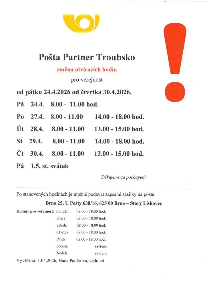 Pošta Troubsko - Změna otevíracích hodin!