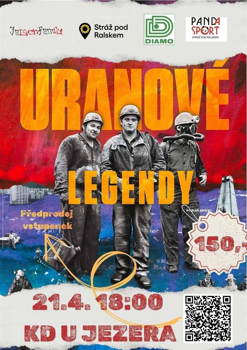 Zveme Vás na promítání filmu Uranové legendy, který připomene historii a příběhy spojené s těžbou uranu v regionu. Kdy: 21. dubna 2026 od 18:00 hodin  Kde: KD U Jezera Vstupenky již nyní v předprodeji. Více informací a předprodej vstupenek prostřednictvím přiloženého QR kódu.