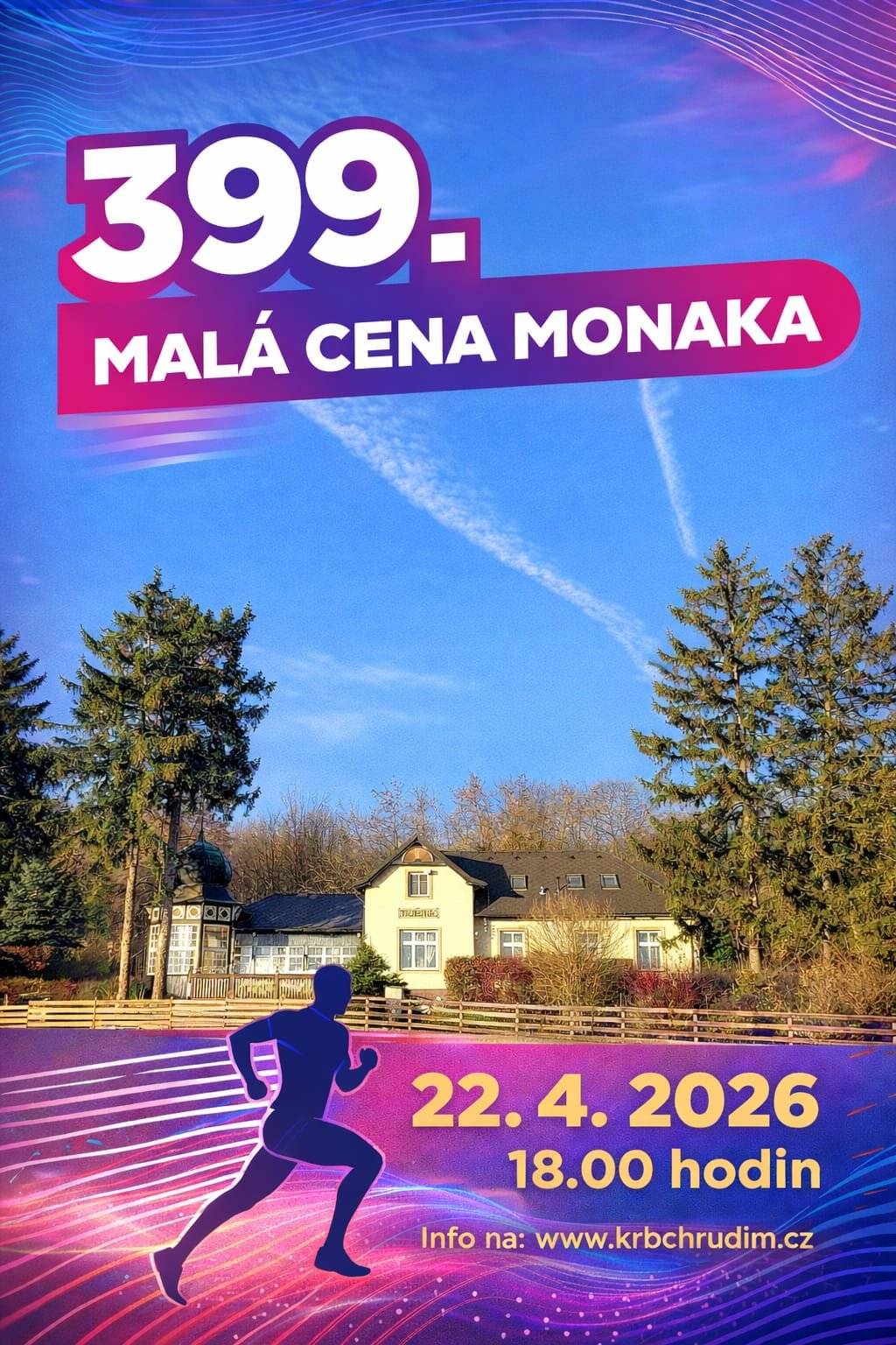 Klub rekreačních běžců Chrudim pořádá ve středu 22. dubna 2026 v pořadí již 399. „Malou cenu Monaka“ se startem v 18:00 hodin. Závod je zároveň první příležitostí sbírat body do Poháru Monaka 2026 🏆📊 – nebo si prostě přijďte protáhnout tělo a vyčistit hlavu v příjemném prostředí. 😊 👉 Registrace online na: www.krbchrudim.cz Online přihlášení je cenově výhodnější a zároveň nám pomůže s organizací závodu. Startovné: 🔸 10 km – 100 Kč (na místě 120 Kč) 🔹 3,6 km – 50 Kč (na místě 80 Kč) Těšíme se na vás! 🏃♀️🏃♂️