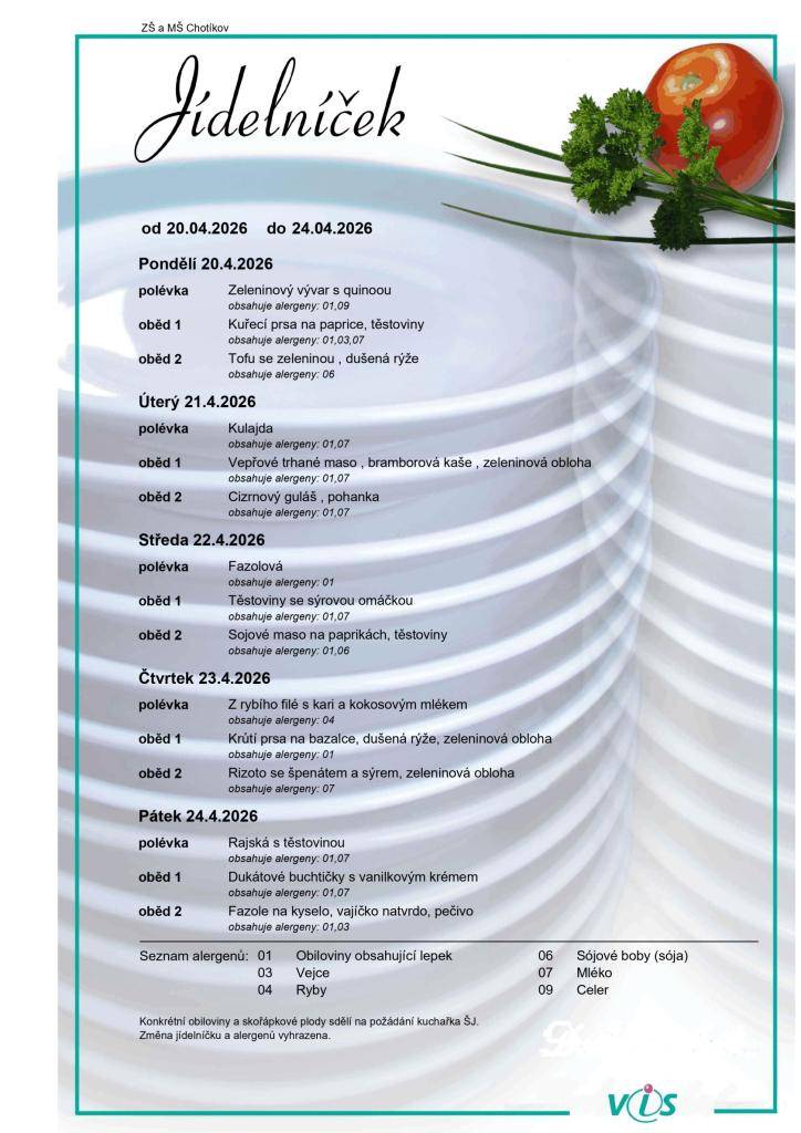 Jídelní lístek ZŠ a MŠ Chotíkov na týden 20. 04. 2026 - 24. 04. 2026.