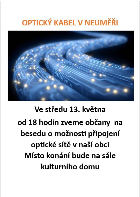 Ve středu 13. května od 18 hodin zveme občany na besedu o možnosti připojení optické sítě v naší obci. Budeme rádi pokud přijdete na setkání, kde se dozvíte veškeré možnosti a podrobnosti možné výstavby optické sítě v naší obci.   Místo konání bude na sále kulturního domu.