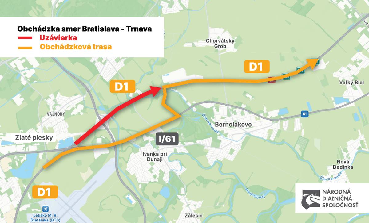 Uzávera výlučne v smere na Trnavu je aktuálne plánovaná od piatka (17.4.) do nedele (19.4.)