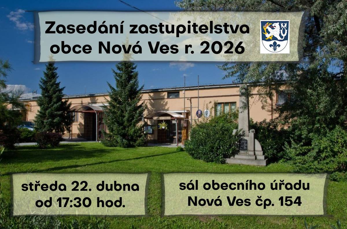 Vážení spoluobčané, ve středu 22. dubna se koná pravidelné zasedání zastupitelstva obce Nová Ves. Program: Svolání zasedání  Srdečně zveme k účasti.