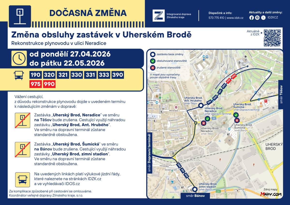 Z důvodu rekonstrukce plynovodu v Uherském Brodě dojde od pondělí 27. dubna do pátku 22. května 2026 k následujícím změnám v dopravě: