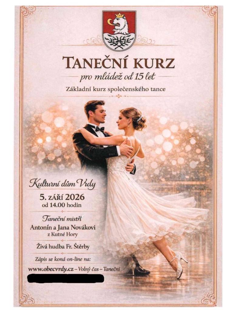 Taneční kurz pro mládež ve Vrdech od 5. září 2026. Přihlášení on-line nebo osobně v sekretariátu OÚ Vrdy.