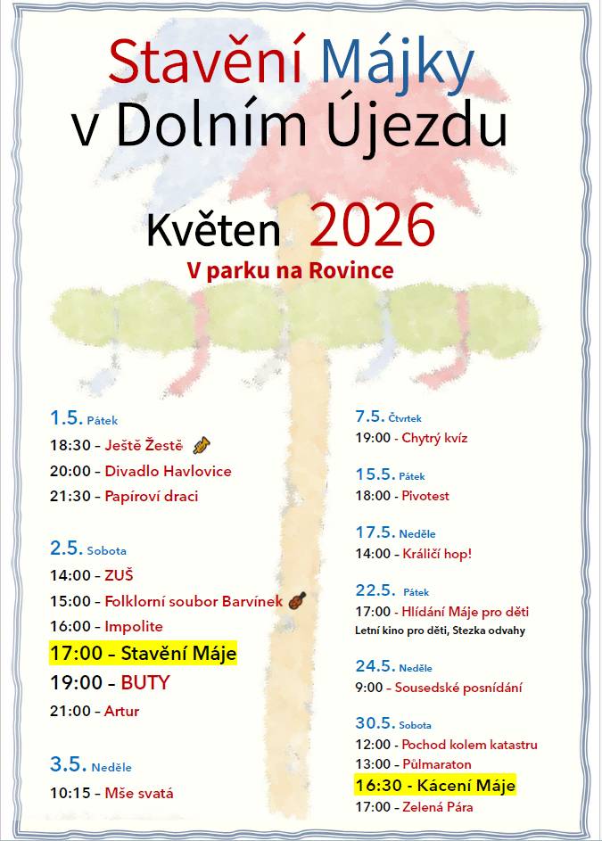 Májka se blíží! 🌿 Máme pro vás jednu změnu v sobotním programu – místo kouzelníčka se můžete těšit na folklorní soubor Barvínek z Brna, který doprovodí cimbálová muzika. Od příštího týdne začneme postupně zveřejňovat upoutávky na jednotlivé body programu DOLNOÚJEZDSKÉHO STAVĚNÍ MÁJE. Těšíme se na setkání pod májí!