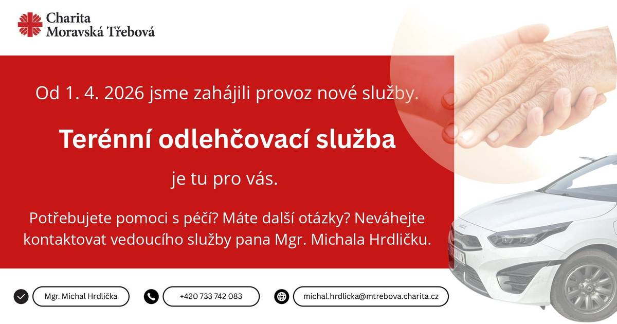 S radostí vám oznamujeme, že jsme od 1. dubna zahájili provoz nové sociální služby. Terénní odlehčovací služba poskytuje na celém území regionu Moravskotřebovska a Jevíčska pomoc a podporu lidem, kteří jsou odkázáni na pomoc jiné osoby a zároveň nezbytný prostor pro odpočinek a zajištění osobních záležitostí těm, kteří o ně pečují. Služba je v provozu každý den, včetně víkendů a svátků, v čase 6:00 – 22:00 hodin, přičemž při dostatečné kapacitě na straně služby a po vzájemné dohodě je možné poskytnout péči i v nočních hodinách. Služba zahrnuje i odbornou podporu neformálním pečujícím, v podobě sociálního poradenství, praktických nácviků manipulace se zdravotními pomůckami a technologiemi a také psychosociální podporu vedenou odborným psychoterapeutem. Služba nabízí i půjčování zdravotních pomůcek, postupně pořídíme i moderní asitivní technologie a asistenční pomůcky, které usnadní každodenní péči v domácím prostředí. Pokud vám nebo vašemu blízkému můžeme naši podporu nabídnout, s důvěrou se obraťte na vedoucího služby Mgr. Michala Hrdličku: T: 733 742 083, M: michal.hrdlicka@mtrebova.charita.cz Rádi vás navštívíme a domluvíme se. Bližší informace o službě, včetně kontaktů naleznete na webových stránkách Charity Moravská Třebová (https://mtrebova.charita.cz/jak-pomahame/terenni-odlehcovaci-sluzba).